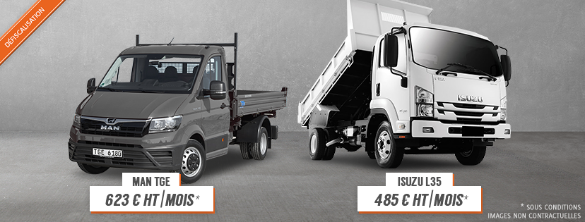 Offre exceptionnelle en défiscalisation | MAN TGE avec benne et ISUZU L35 avec benne | ECOFIP et SORELOC